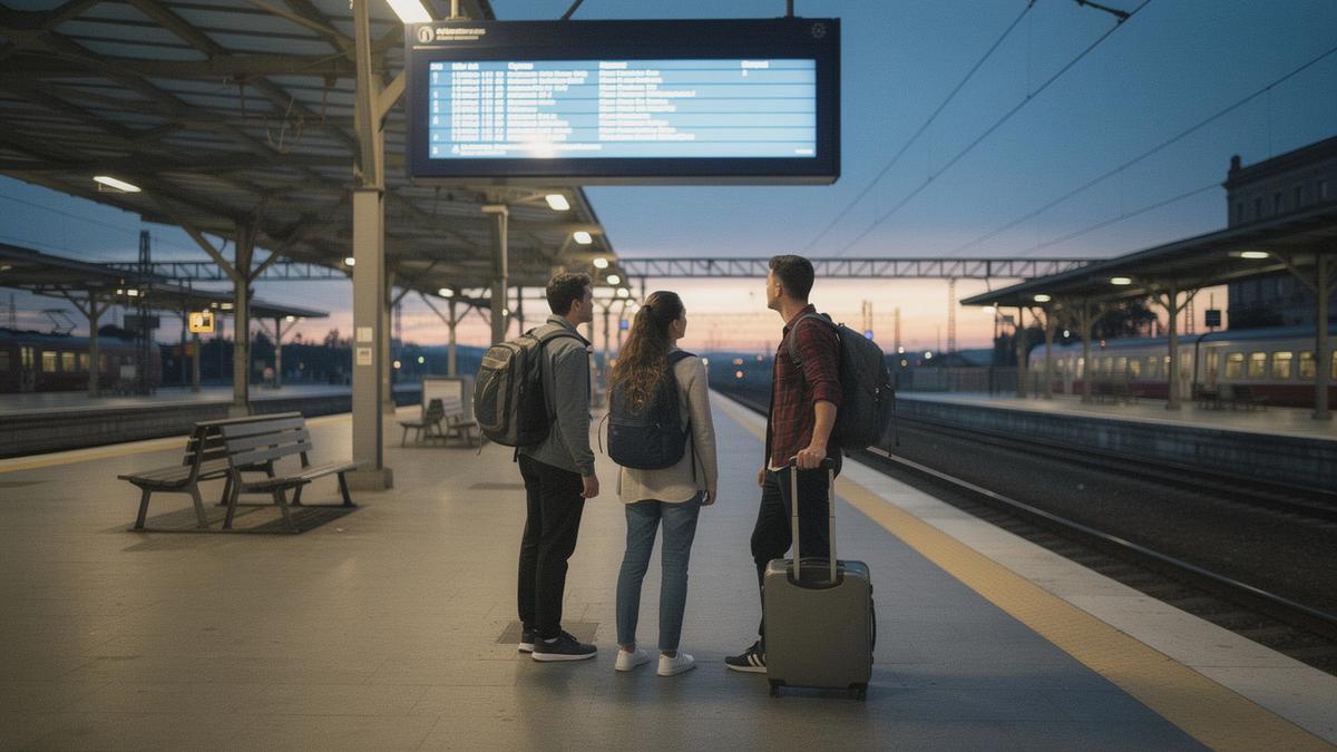 Students with backpacks and rolling luggage waiting on a European railway platform at dusk